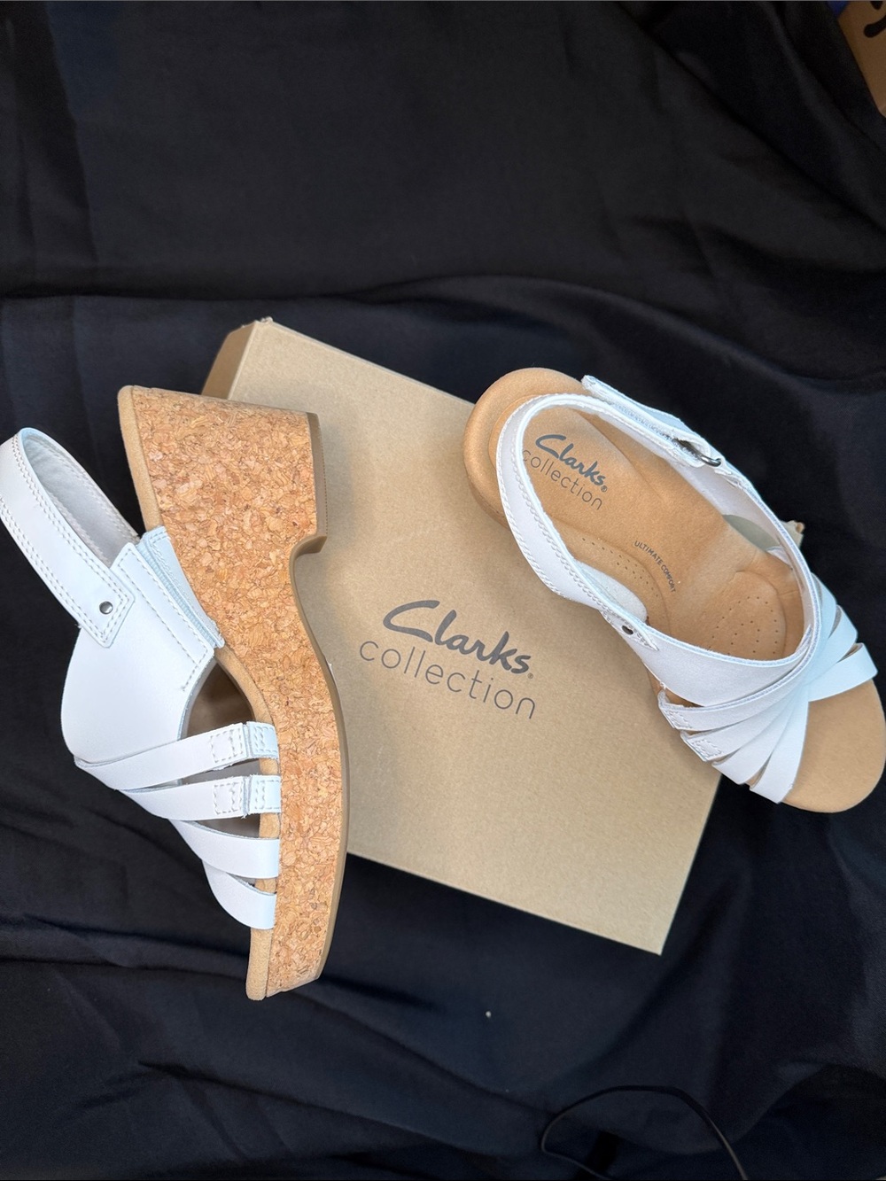 Clarks White Leather Cork Wedge Sandals